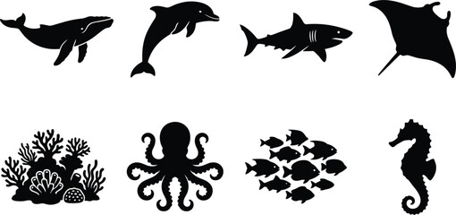 Marine Life Silhouette Icons Set with Whale Dolphin Shark Stingray Octopus and Coral Reef Animals © Md