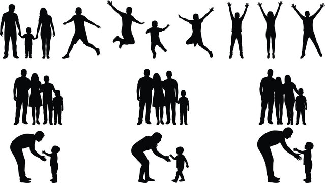 Happy family and active children silhouettes set featuring parents holding hands jumping kids and loving parenthood moments