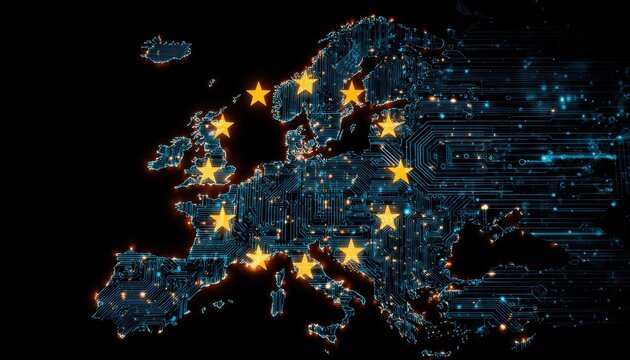 Digital map of europe composed of glowing blue circuits and nodes with golden european union stars