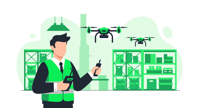 Warehouse operator in green vest holds remote controller with drones flying above shelves during logistics inspection for industrial automation and supply chain.