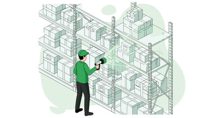 Naklejka premium Warehouse worker in green uniform uses handheld laser scanner to check inventory on metal shelving units filled with stacked cube containers in logistics facility.