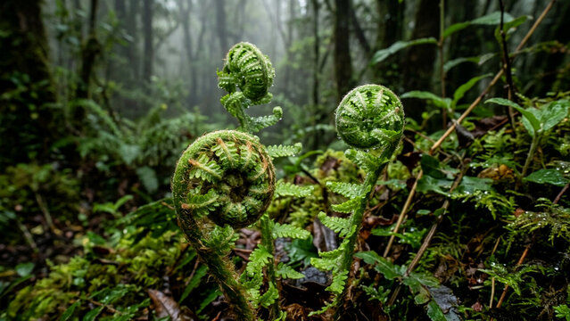 Close-up of vibrant green fern fiddleheads unfurling in a misty, lush temperate rainforest