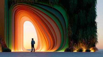 Naklejka premium Future Portal: A lone figure stands at the entrance of a luminous, flowing archway, symbolizing a gateway to new possibilities and innovation. The scene blends organic textures with futuristic design.