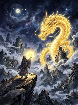 Majestic golden dragon soaring over mystical mountains, powerful wizard summoning magic light, epic fantasy landscape illustration with moonlit sky