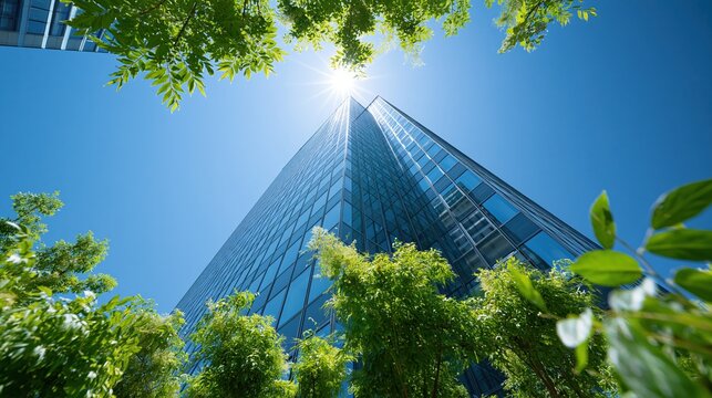 Modern glass skyscraper rising towards a bright sun, framed by vibrant green trees and clear blue sky