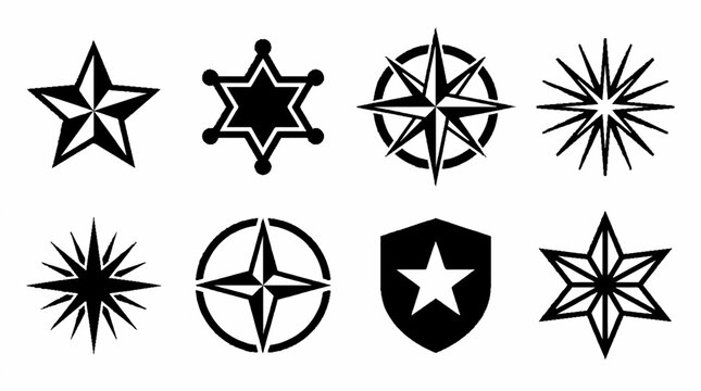Collection of Star Symbols and Emblems: Compass Rose, Sheriff Badge, Shield, and More