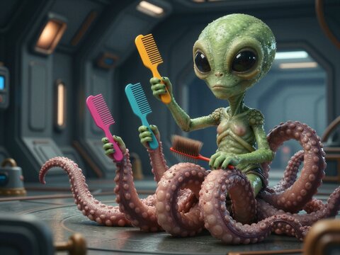 Cartoon Alien Brushing Tentacles with Colorful Combs