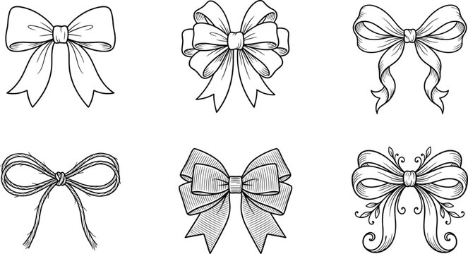 Hand Drawn Vintage Ribbon Bow Vector Element Set with Engraving and Sketch Styles for Gift Packaging, Wedding Invitations, and Holiday Graphic Designs