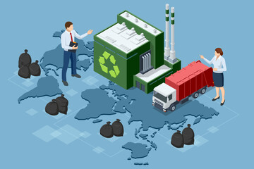 Obraz premium Isometric recycling plant with world map, garbage truck, trash bag and business people. Environmental management illustration presents global waste disposal, eco policy and utility infrastructure