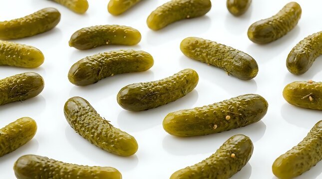 Pickled gherkins and dill cucumbers isolated on white background, ready for food packaging, recipe blogs, culinary design, and restaurant menus.