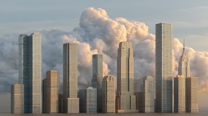 Fototapeta premium Modern city skyline with towering skyscrapers against a dramatic cloudy sky at sunset