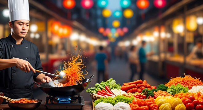 Chef cooking Asian street food in a wok at a vibrant night market