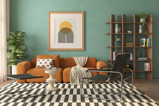 Mid century style conceptual dopamine interior room