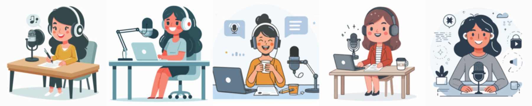 Podcast character set of young woman streaming with microphone and laptop, female content creator avatar collection for broadcasting and online talk show vector