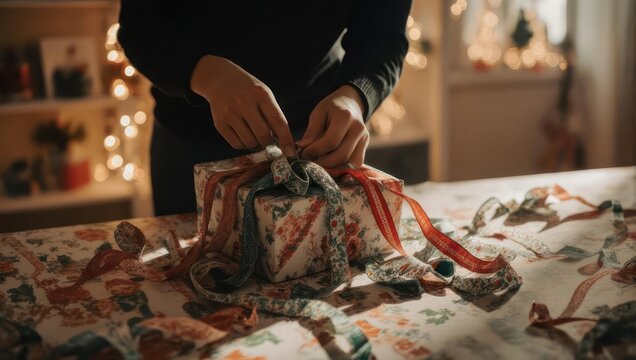 Person carefully wrapping a festive gift with colorful paper and ribbon on a decorated table, preparing for a special occasion.