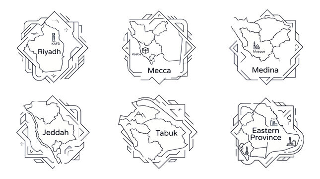 Saudi arabian city map icons with geometric decorative borders