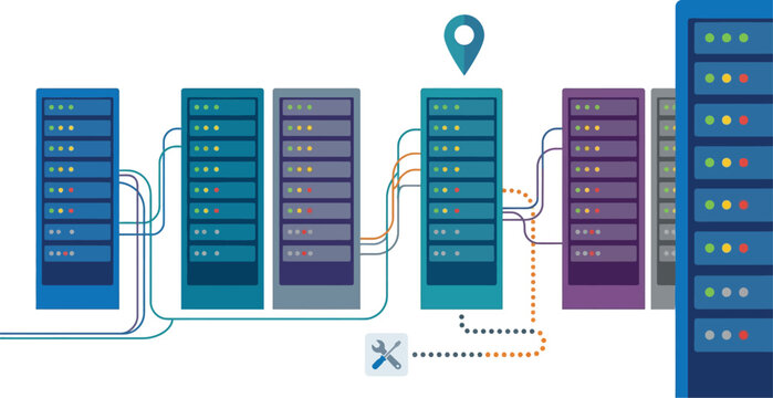 Server racks represent a cloud computing infrastructure with interconnected data paths and maintenance indicators.