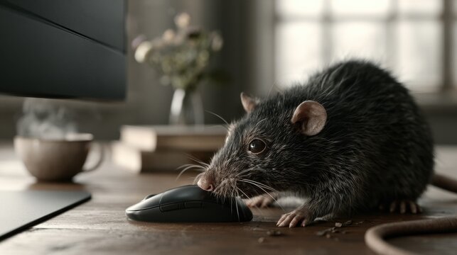 A photorealistic desk scene featuring a small black rat trying to gnaw on a black computer mouse placed in front of a computer monitor. 