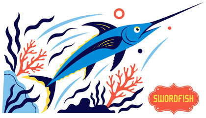Fototapeta premium Very beautiful colorful vector illustration featuring SWORDFISH slicing through tropical ocean waters, long pointed bill, shimmering blue body, dramatic marine scenery, and decorative label reading 