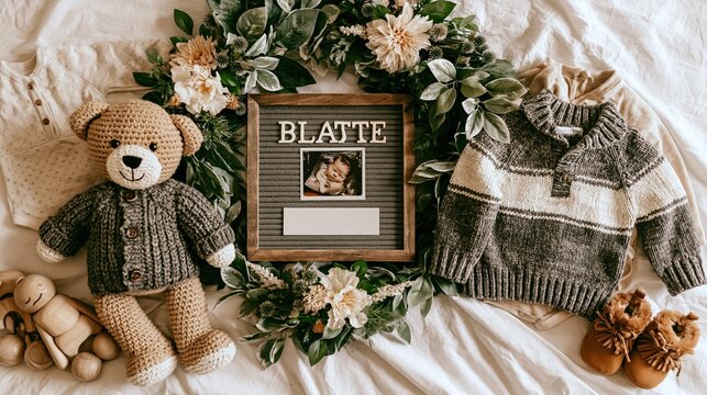 Cozy Baby Announcement with Ultrasound Photo, Teddy Bear, and Newborn Clothes Flat Lay
