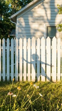 White picket fence casting shadow on light blue house exterior with wildflowers in foreground, residential property and suburban home exterior design element.