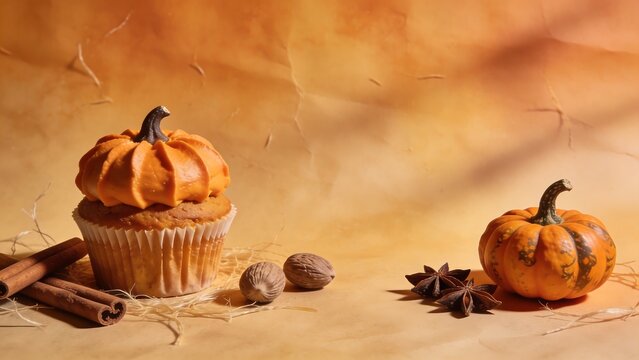 Festive pumpkin cupcake with autumn spices and mini pumpkin decoration