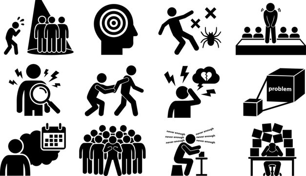 Anxiety Disorder Types and Trigger Concepts Silhouette Icon Set