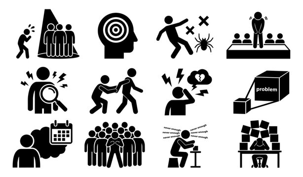 Anxiety Disorder Types and Trigger Concepts Silhouette Icon Set