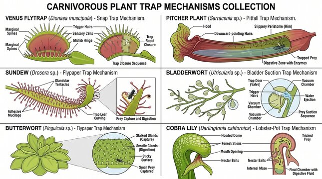 Carnivorous Flower Plant Trap Mechanism Venus Flytrap Pitcher Illustration