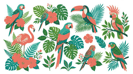 Obraz premium Tropical bird and exotic flower collection with parrots