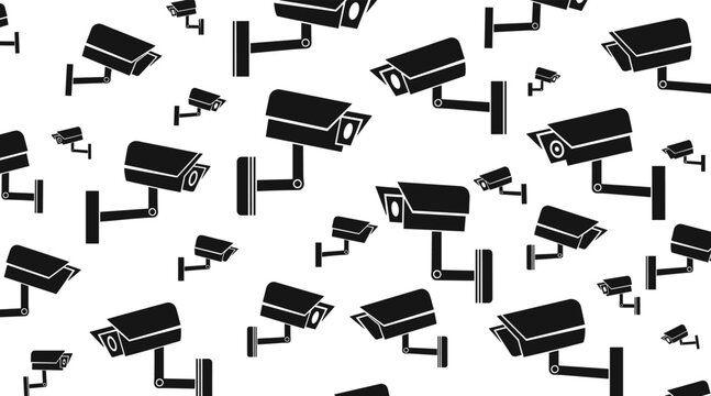 Surveillance cameras arranged in repeating pattern on white background, no seamless