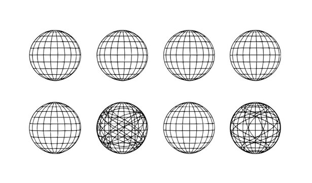 Geometric globe grid vector collection with striped spherical wireframe symbols