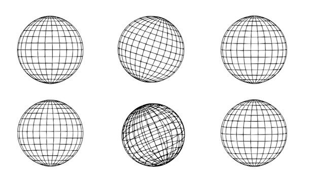 Globe grid spheres vector set with striped 3D latitude and longitude wireframe globes