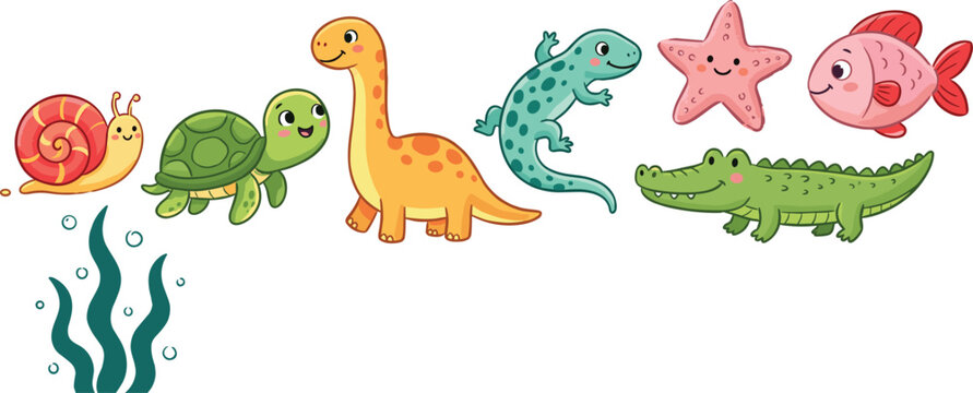 Cartoon animal and sea creature illustration set with snail, turtle, dinosaur, lizard, starfish, fish, crocodile vector artwork