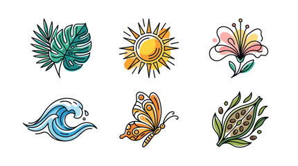 Obraz premium Minimalist nature icons featuring sun waves leaves and butterfly