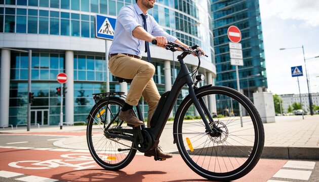 Young adult businessman riding an electric bicycle on a city street near office buildings, sustainable urban commuting and eco-friendly transportation for professional lifestyle