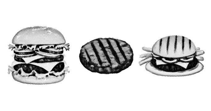Three burger components displayed with grilled patty and buns. not ideal dots