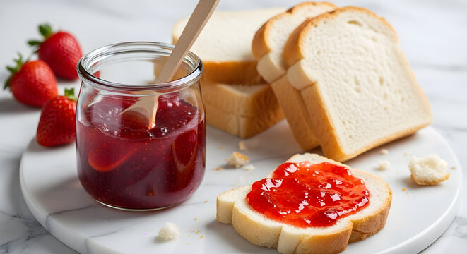 Strawberry jam spread on white bread with fresh berries and a jar on marble
