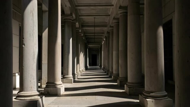 A long interior hallway featuring rows of columns that let in natural light through the windows at the end.