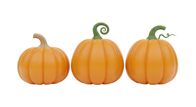 Three realistic orange pumpkins with green stems isolated on transparent background