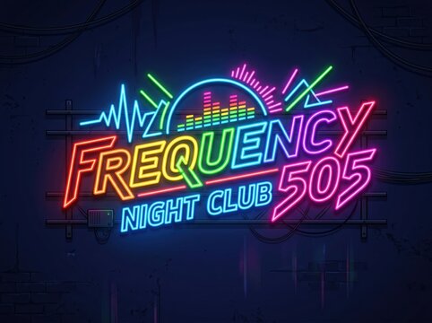 Neon Frequency Night Club 505 sign, vibrant retro glowing light display, colorful electric music bar signage on dark wall, synthwave aesthetic
