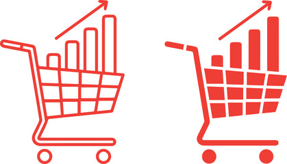 Shopping cart growth icon with upward graph clean outline vector red line style isolated on light background for eCommerce analytics and sales performance UI design © Icon Design 