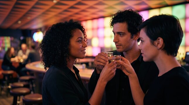 Diverse group of friends drinking shots in a neon bar, young people socializing at a nightclub, friends enjoying nightlife and cocktails