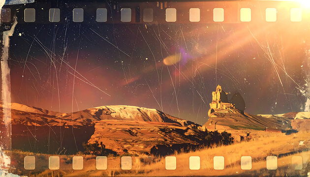 Vintage film frame texture with light leaks, dusty scratches and aged cinematic landscape view