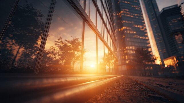 Modern Cityscape at Sunset with Glass Skyscraper Reflections and Warm Golden Hour Light