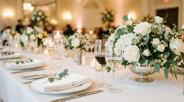 Elegant wedding reception table setting with white floral arrangements, wine glasses, and neatly arranged cutlery in a beautifully decorated venue