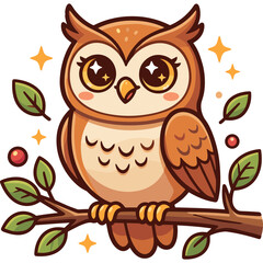 Obraz premium A cartoon owl perches on a branch surrounded by leaves and sparkles.
