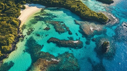 Obraz premium Aerial view of a vibrant turquoise lagoon with lush green islands and coral reefs during summer