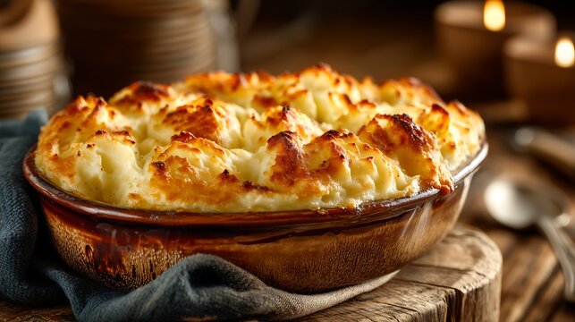 Traditional cottage pie in a rustic ceramic baking dish on a farmhouse table, featuring creamy mashed potato topping, rich texture, and a cozy comfort food atmosphere.