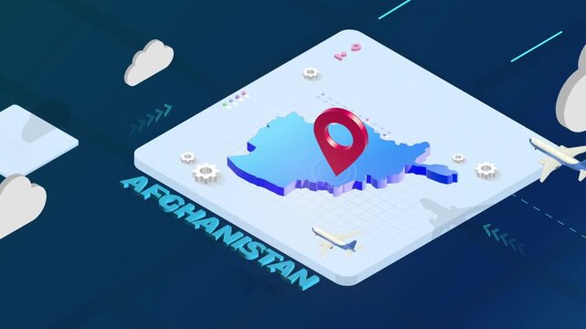Isometric 3D Render of Afghanistan Map with Red Location Pin Pointer and Floating Airplanes